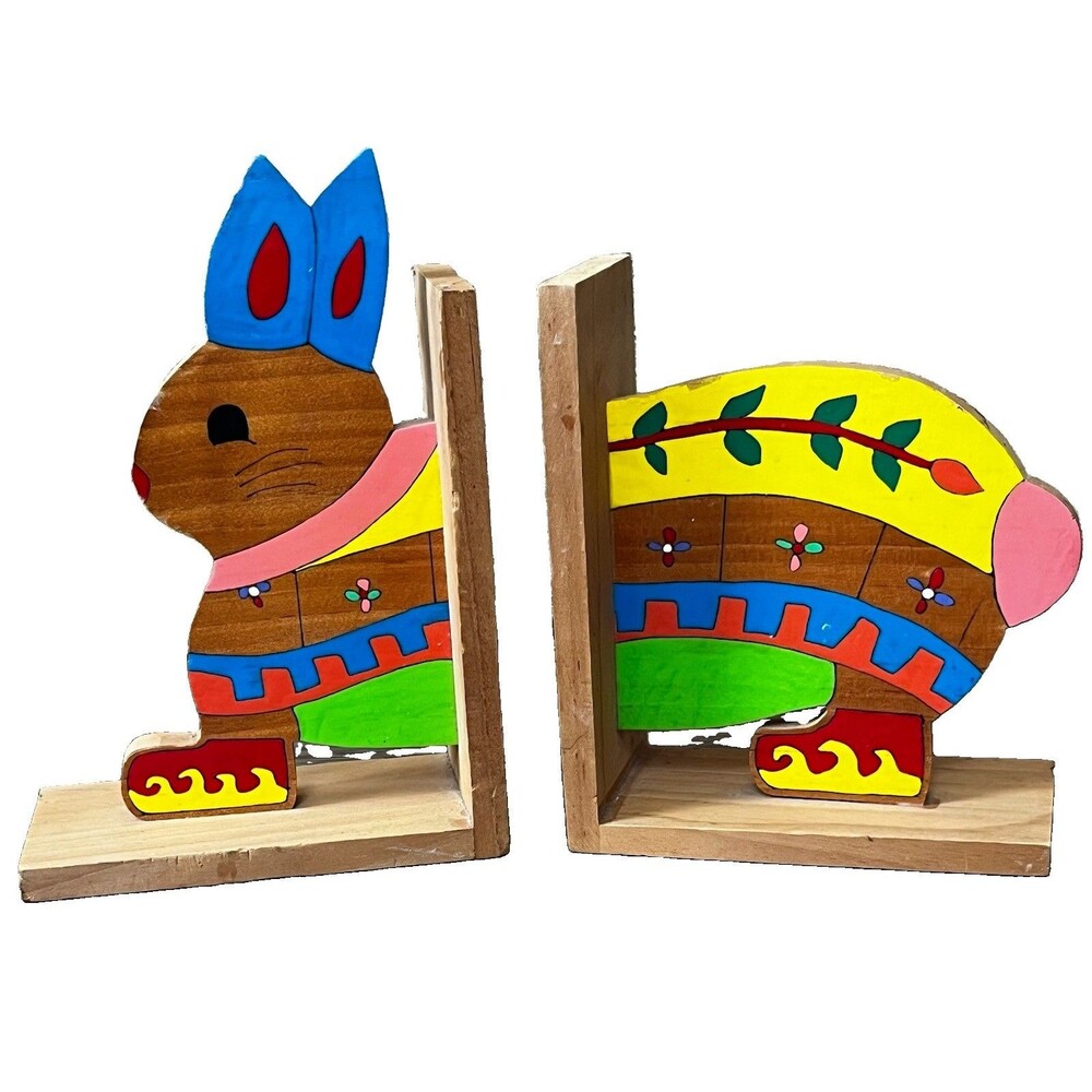 Vintage Hand Painted Wooden Rabbit Bunny Bookends Folk Art Nursery Decor Pair